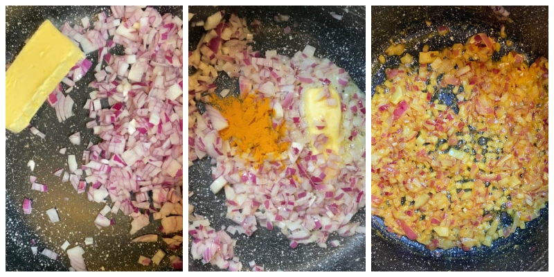 Onion fries in butter with curcuma shown with steps