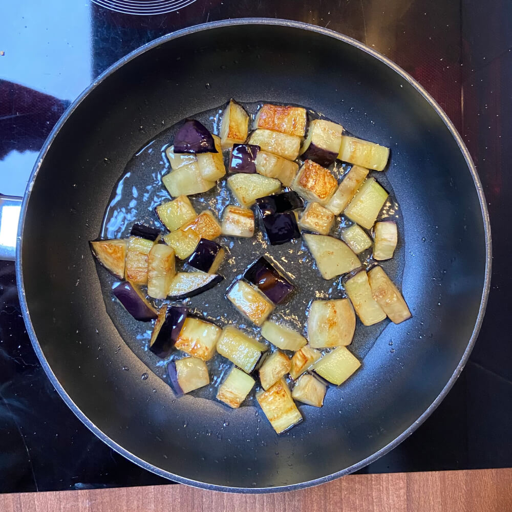 Fried Aubergine Cubes-In The Pan with sunflower oil