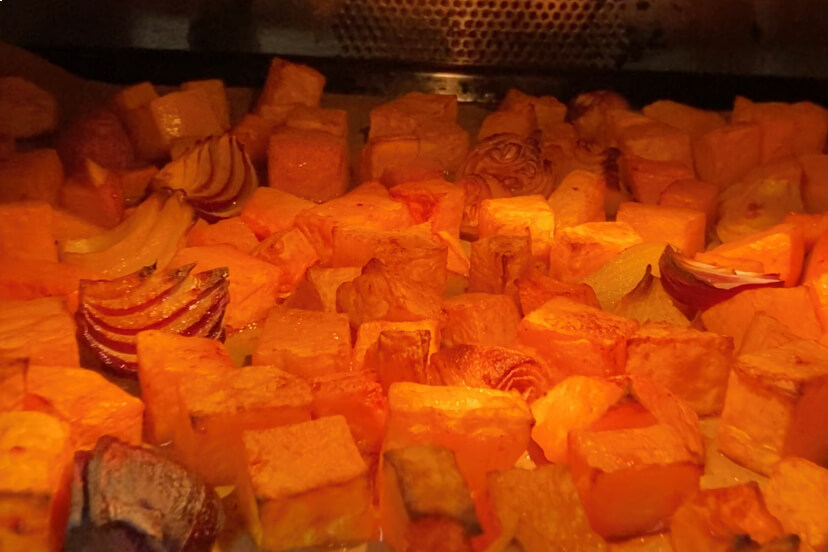 Butternut squash and onions in oven