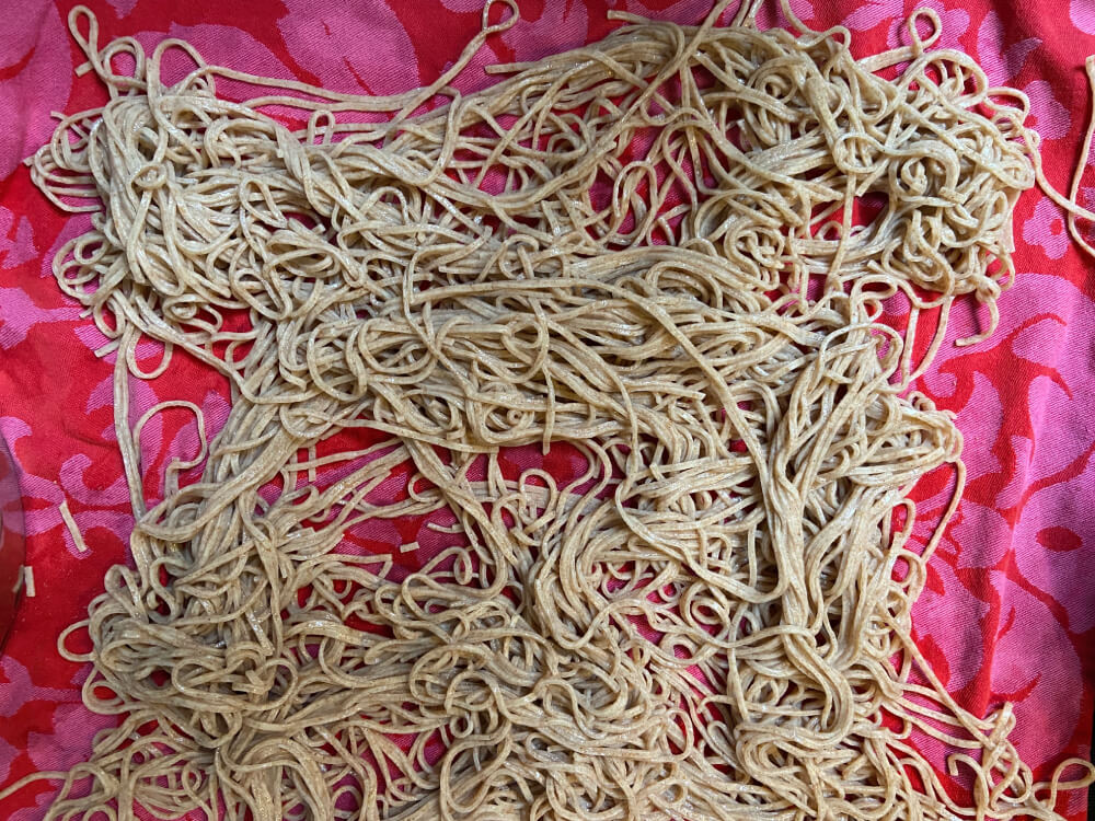 Drying whole grain soba noodles on kitchen tea towel