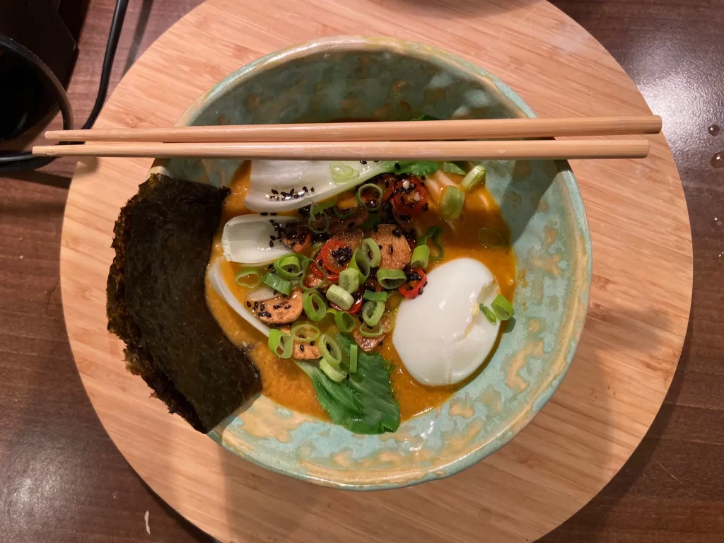 Vegetarian ramen noodles soup in a bowl